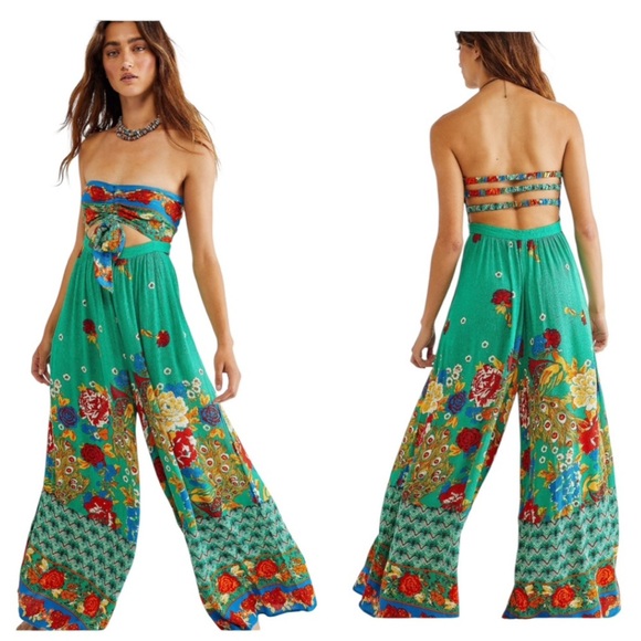 Free People Pants - Free People Bali Birds of Paradise Floral Flowy Strapless Wide Leg Jumpsuit SZ S